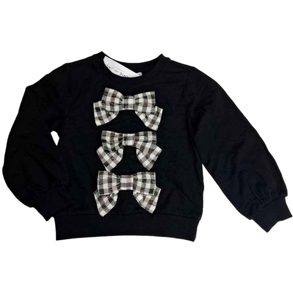 Janie & Jack Sz 4 The Holiday Edit Black Bow Sweatshirt Top Plaid White Sparkle